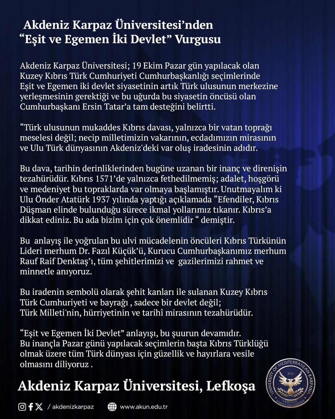 Akdeniz Karpaz Üniversitesinden “Eşit ve Egemen İki Devlet“ Vurgusu